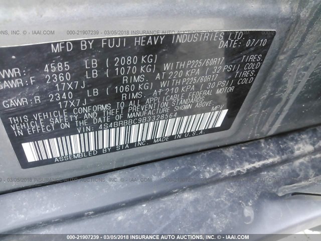 4S4BRBBC9B3328564 - 2011 SUBARU OUTBACK 2.5I PREMIUM GRAY photo 9