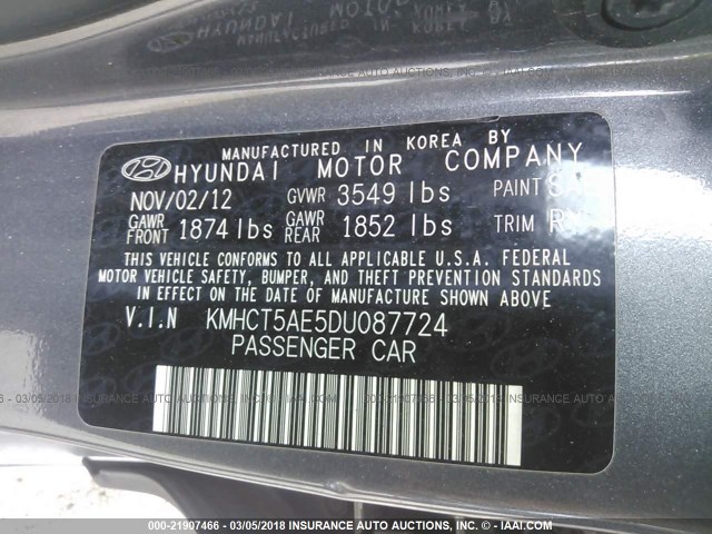 KMHCT5AE5DU087724 - 2013 HYUNDAI ACCENT GLS/GS GRAY photo 9