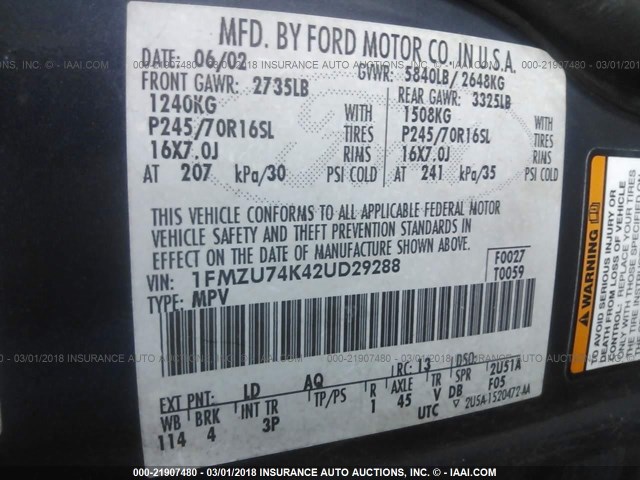 1FMZU74K42UD29288 - 2002 FORD EXPLORER EDDIE BAUER BLUE photo 9