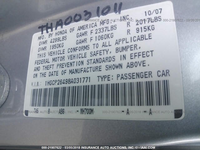 1HGCP26498A031771 - 2008 HONDA ACCORD LXP SILVER photo 9