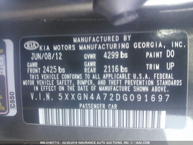 5XXGN4A72DG091697 - 2013 KIA OPTIMA EX SILVER photo 9