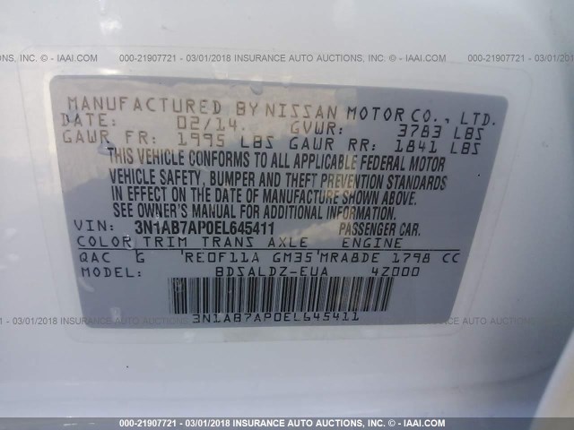 3N1AB7AP0EL645411 - 2014 NISSAN SENTRA S/SV/SR/SL WHITE photo 9