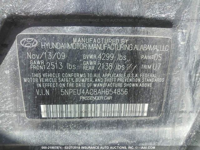 5NPEU4AC8AH654856 - 2010 HYUNDAI SONATA SE/LIMITED GRAY photo 9