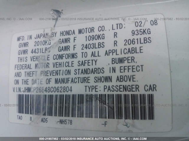 JHMCP26848C062804 - 2008 HONDA ACCORD EXL WHITE photo 9