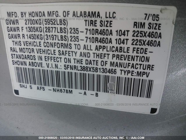 5FNRL388X5B130466 - 2005 HONDA ODYSSEY TOURING SILVER photo 9