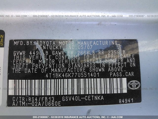 4T1BK46K77U551401 - 2007 TOYOTA CAMRY NEW GENERAT LE/XLE/SE Light Blue photo 9