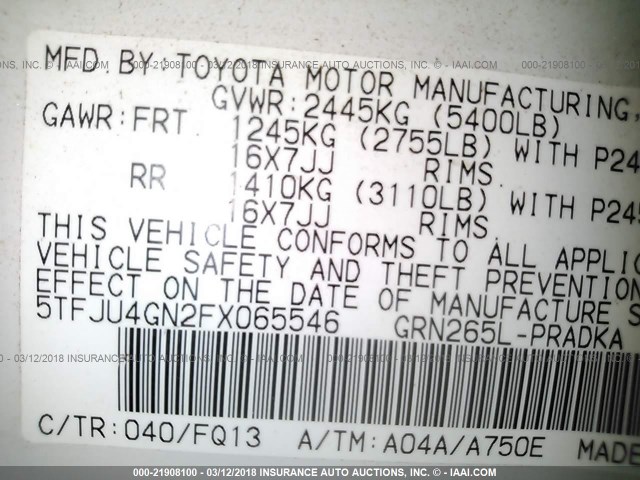 5TFJU4GN2FX065546 - 2015 TOYOTA TACOMA DOUBLE CAB PRERUNNER WHITE photo 9