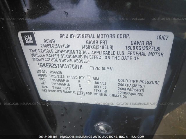 1GKER23748J170078 - 2008 GMC ACADIA SLT-1 BLACK photo 9