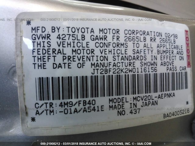 JT2BF22K2W0116156 - 1998 TOYOTA CAMRY CE/LE/XLE 金色 照片 9