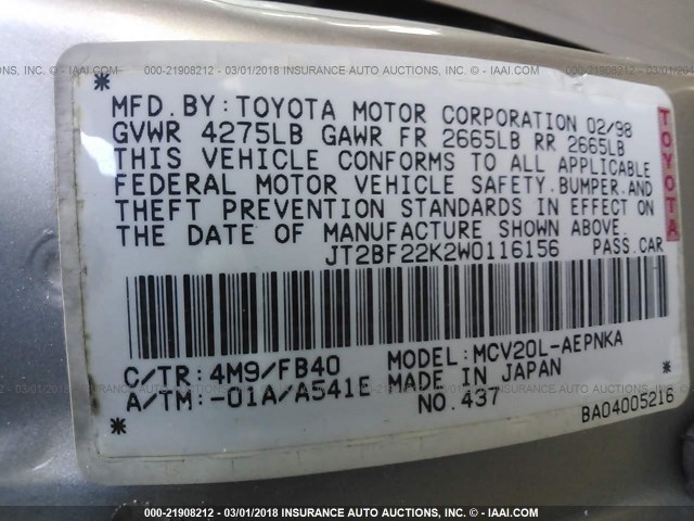 JT2BF22K2W0116156 - 1998 TOYOTA CAMRY CE/LE/XLE GOLD photo 9