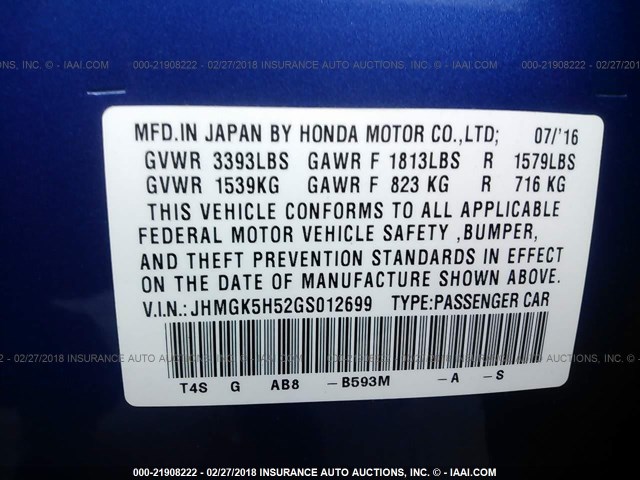 JHMGK5H52GS012699 - 2016 HONDA FIT LX Mavi fotoğraf 9