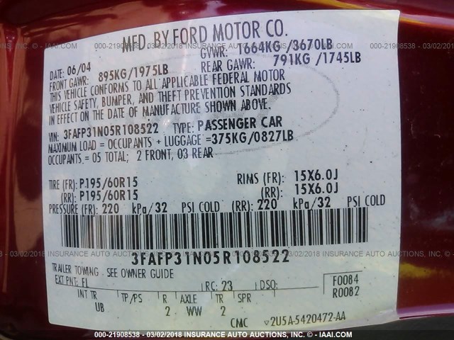 3FAFP31N05R108522 - 2005 FORD FOCUS ZX3 RED photo 9