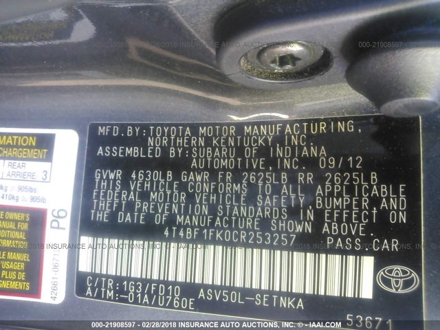 4T4BF1FK0CR253257 - 2012 TOYOTA CAMRY SE/LE/XLE GRAY photo 9