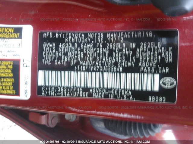 4T1BF1FK7CU633948 - 2012 TOYOTA CAMRY SE/LE/XLE RED photo 9