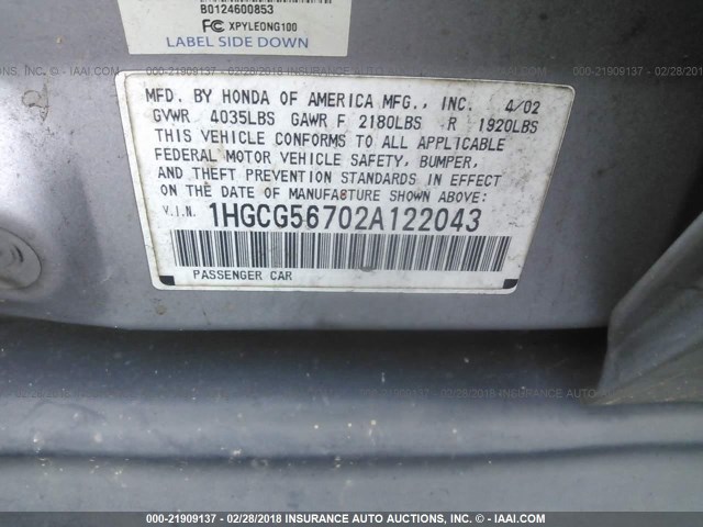 1HGCG56702A122043 - 2002 HONDA ACCORD SE SILVER photo 9