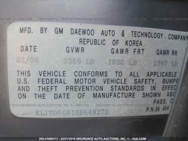 KL1TD56616B649272 - 2006 CHEVROLET AVEO LS GRAY photo 9