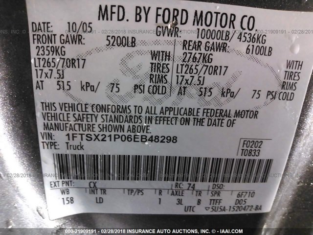 1FTSX21P06EB48298 - 2006 FORD F250 SUPER DUTY GRAY photo 9