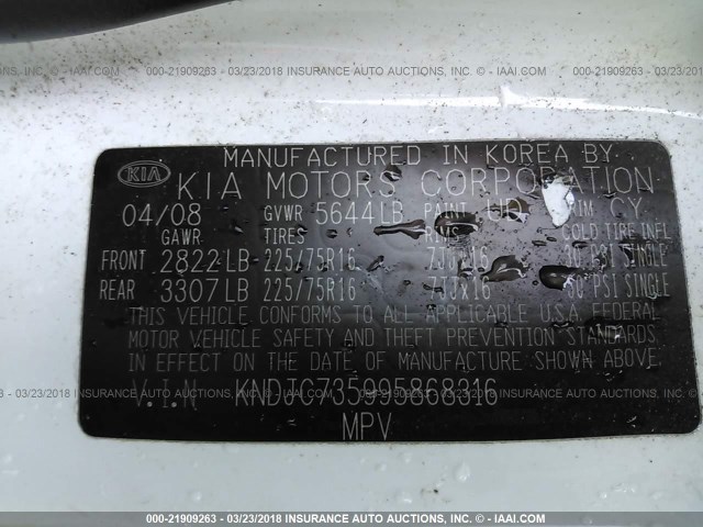 KNDJC735995868316 - 2009 KIA SORENTO LX/EX WHITE photo 9