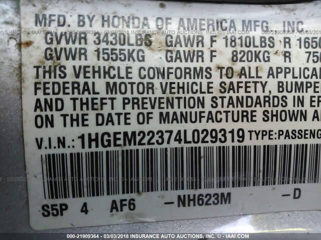 1HGEM22374L029319 - 2004 HONDA CIVIC DX VP GRAY photo 9