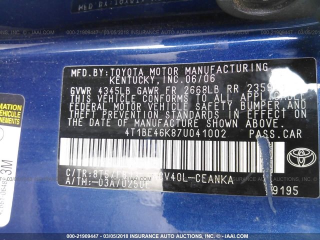 4T1BE46K87U041002 - 2007 TOYOTA CAMRY NEW GENERAT CE/LE/XLE/SE BLUE photo 9