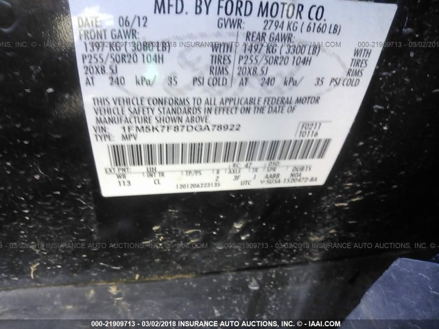 1FM5K7F87DGA78922 - 2013 FORD EXPLORER LIMITED 黑色 照片 9