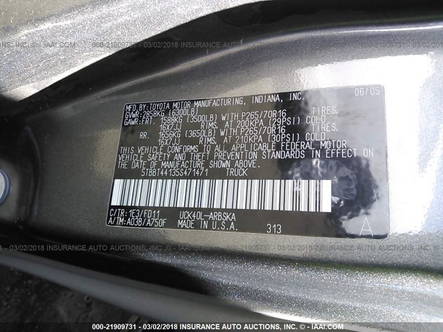 5TBBT44135S471471 - 2005 TOYOTA TUNDRA ACCESS CAB SR5 GRAY photo 9
