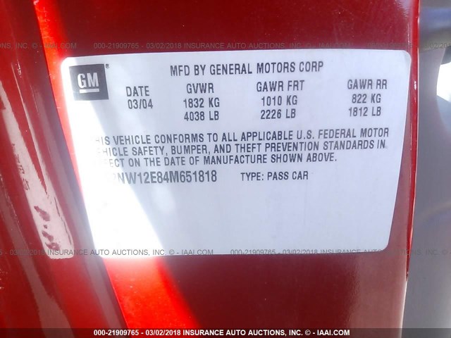 1G2NW12E84M651818 - 2004 PONTIAC GRAND AM GT RED photo 9