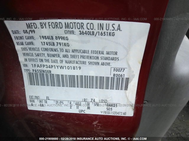 1FAFP34P1YW101819 - 2000 FORD FOCUS SE/SE COMFORT RED photo 9