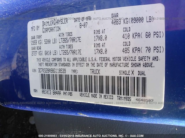 3D7KS28A98G118539 - 2008 DODGE RAM 2500 ST/SLT 蓝色 照片 9