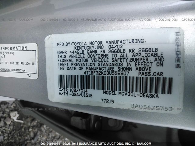 4T1BF32K03U556907 - 2003 TOYOTA CAMRY LE/XLE/SE Gümüş foto 9