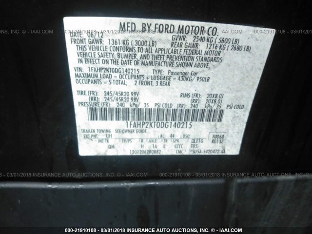 1FAHP2KT0DG140215 - 2013 FORD TAURUS SHO BLACK photo 9
