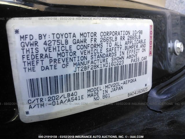 JT2BF28K1X0160223 - 1999 TOYOTA CAMRY LE/XLE BLACK photo 9