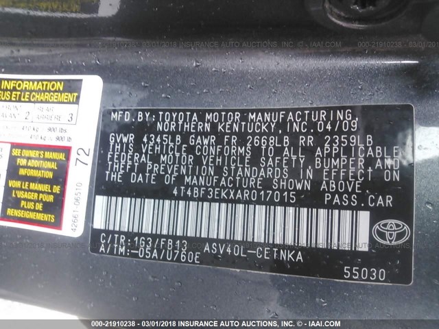 4T4BF3EKXAR017015 - 2010 TOYOTA CAMRY SE/LE/XLE GRAY photo 9