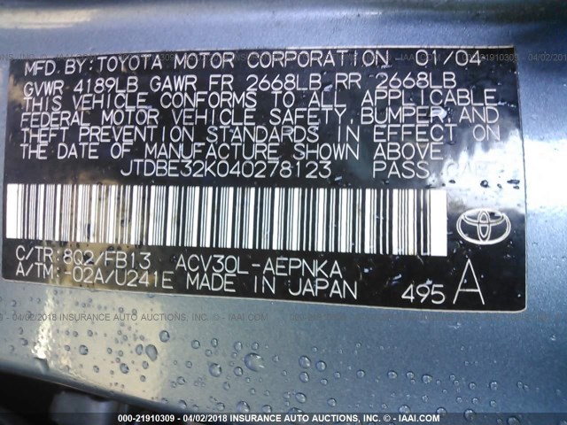 JTDBE32K040278123 - 2004 TOYOTA CAMRY LE/XLE BLUE photo 9