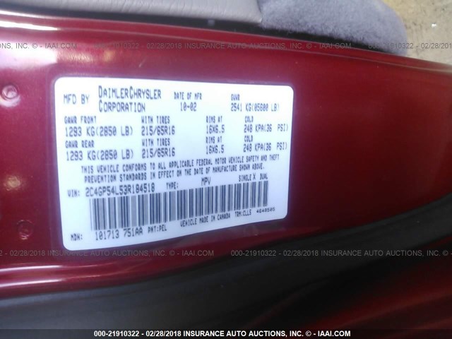 2C4GP54L53R184518 - 2003 CHRYSLER TOWN & COUNTRY LXI RED photo 9