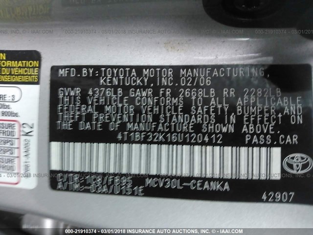 4T1BF32K16U120412 - 2006 TOYOTA CAMRY LE/XLE/SE 银色 照片 9