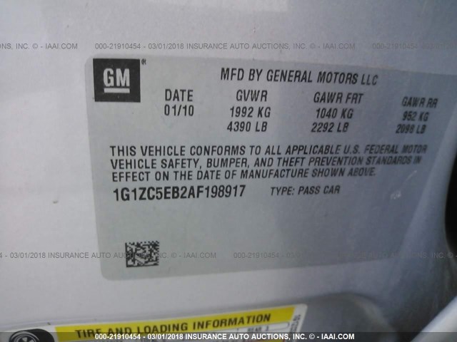 1G1ZC5EB2AF198917 - 2010 CHEVROLET MALIBU 1LT 灰色 照片 9