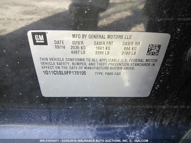 1G11C5SL9FF178195 - 2015 CHEVROLET MALIBU 1LT 灰色 照片 9