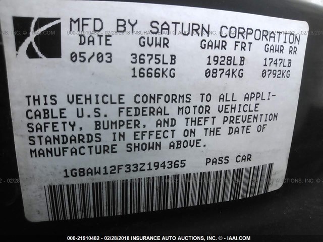 1G8AW12F33Z194365 - 2003 SATURN ION LEVEL 3 RED photo 9
