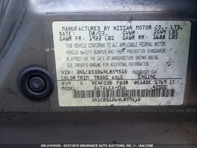 3N1CB51D64L859515 - 2004 NISSAN SENTRA 1.8/1.8S BEIGE photo 9