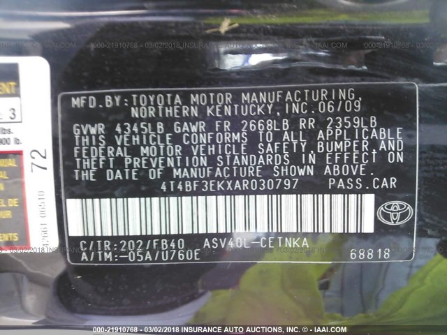 4T4BF3EKXAR030797 - 2010 TOYOTA CAMRY SE/LE/XLE Черный фото 9