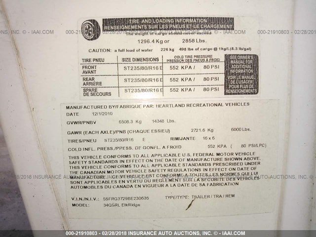 5SFRG3729BE230635 - 2011 HEARTLAND ELK RIDGE  白色 照片 9