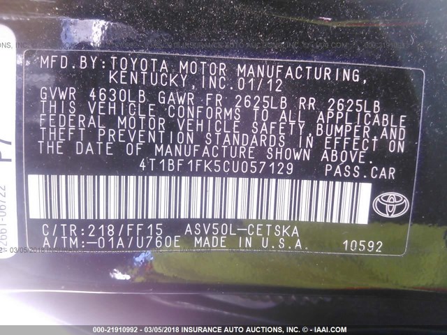 4T1BF1FK5CU057129 - 2012 TOYOTA CAMRY SE/LE/XLE Черный фото 9