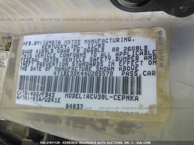 4T1BE32K44U285578 - 2004 TOYOTA CAMRY LE/XLE/SE TAN photo 9