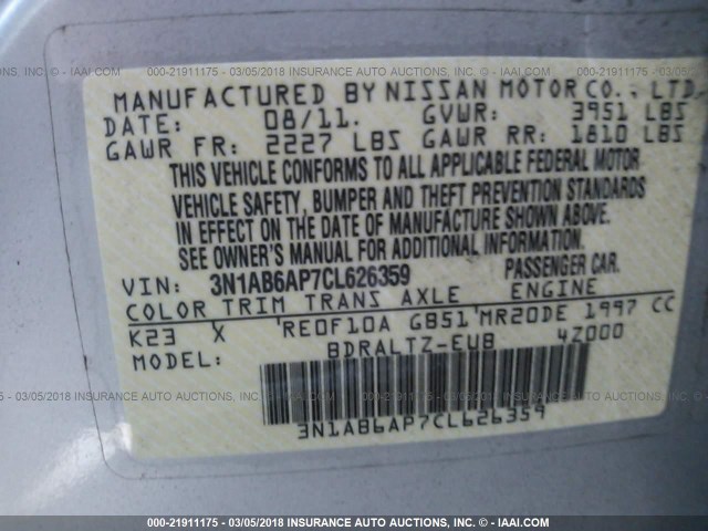 3N1AB6AP7CL626359 - 2012 NISSAN SENTRA 2.0/2.0S/SR/2.0SL SILVER photo 9