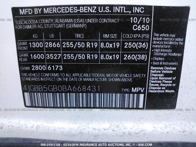 4JGBB5GB0BA668431 - 2011 MERCEDES-BENZ ML 350 WHITE photo 9