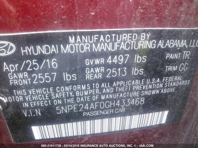 5NPE24AF0GH433468 - 2016 HYUNDAI SONATA SE RED photo 9