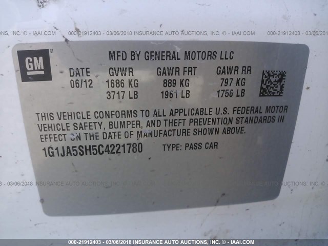 1G1JA5SH5C4221780 - 2012 CHEVROLET SONIC LS 白色 照片 9
