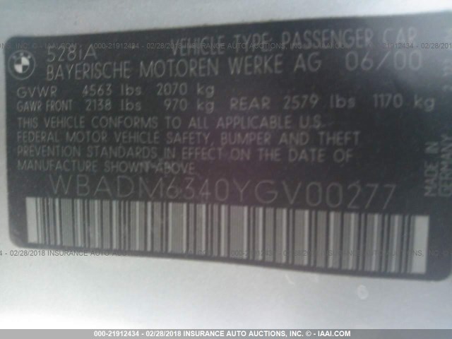 WBADM6340YGV00277 - 2000 BMW 528 I AUTOMATIC SILVER photo 9