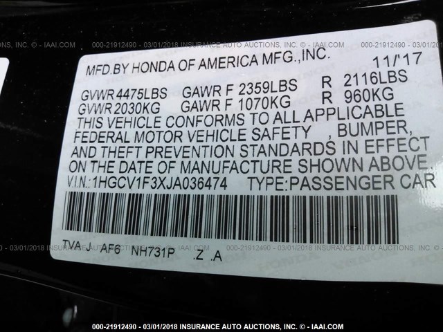 1HGCV1F3XJA036474 - 2018 HONDA ACCORD SPORT 黑色 照片 9